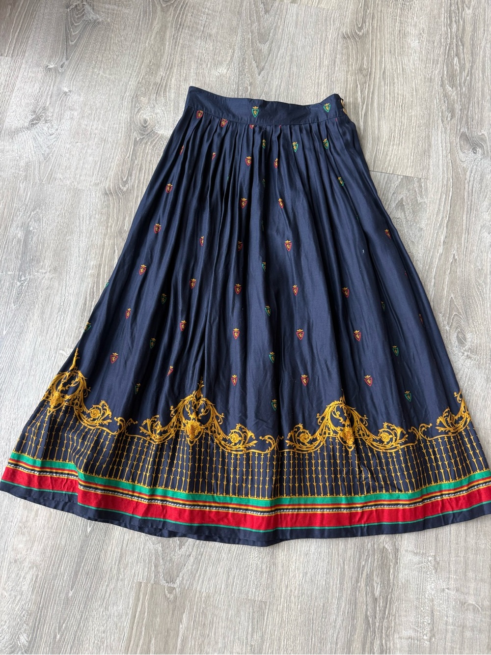 Vintage 80s Baroque Print ornate Pleated Midi Skirt Navy Gold Crest Old Mone